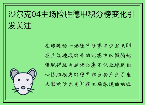 沙尔克04主场险胜德甲积分榜变化引发关注